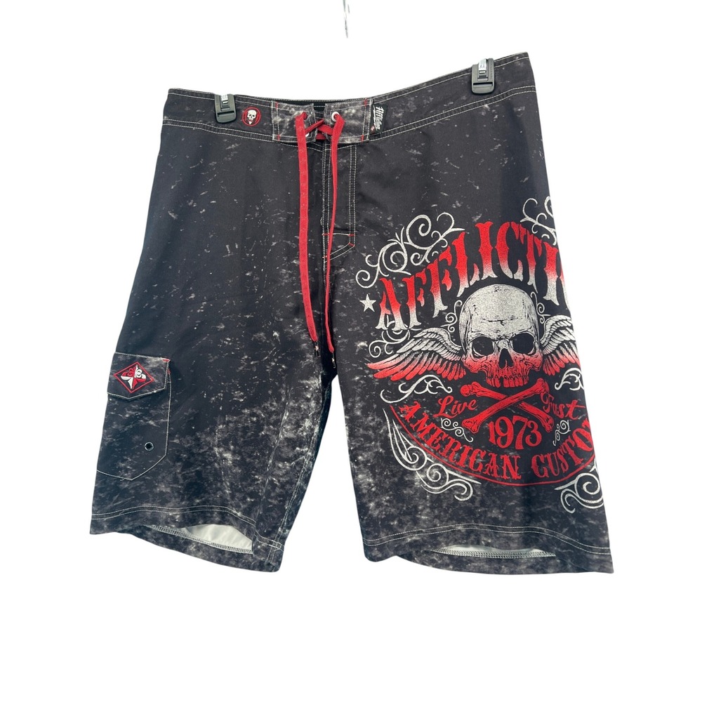 Affliction American Customs Board Shorts Mens 36 Black Acid Wash Skull Graphic